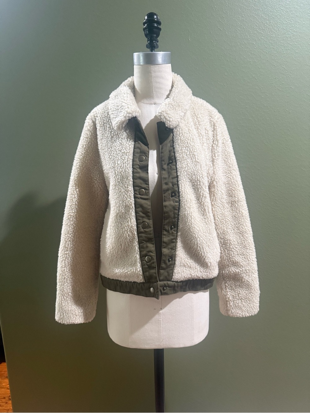 Madewell Cream Teddy Jacket with Olive Trim